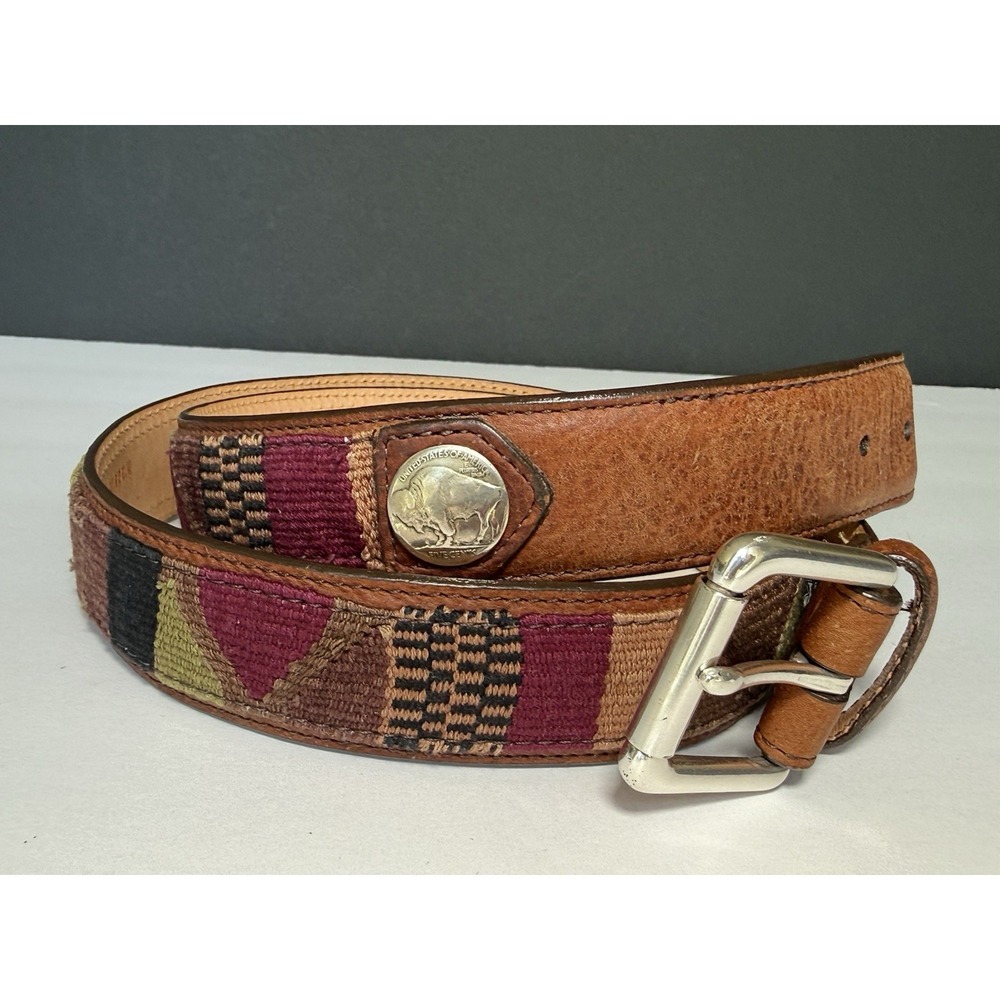 Orvis American Bison Brown Leather Belt Buffalo Nickel Sz 42 USA Southwestern